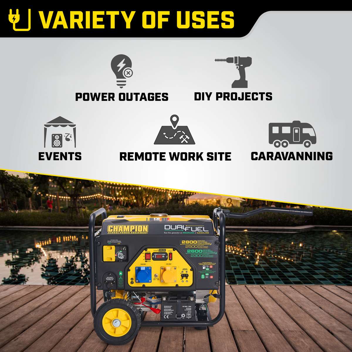 Champion 2800 Watt Dual Fuel LPG/Benzin-Generator